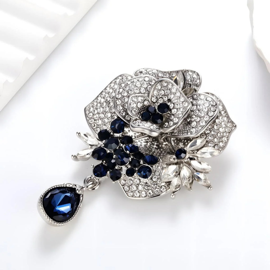 Luxury Rhinestone Rose Flower Brooch With Blue Teardrop Pendant, Alloy Zircon Lapel Pin Corsage Gift
