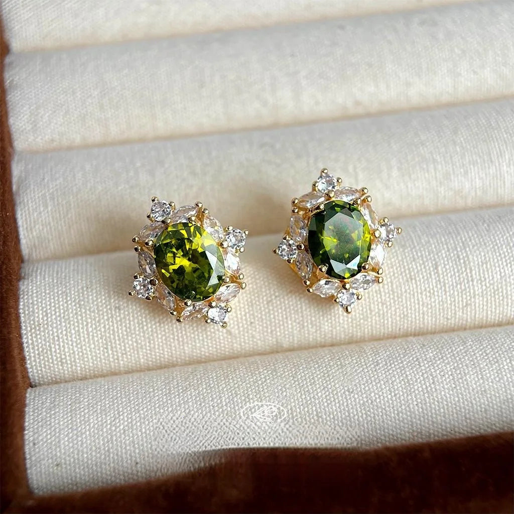 14K Gold Plated Copper Oval Green Zircon Stud Earrings French Vintage Minimalist Jewelry