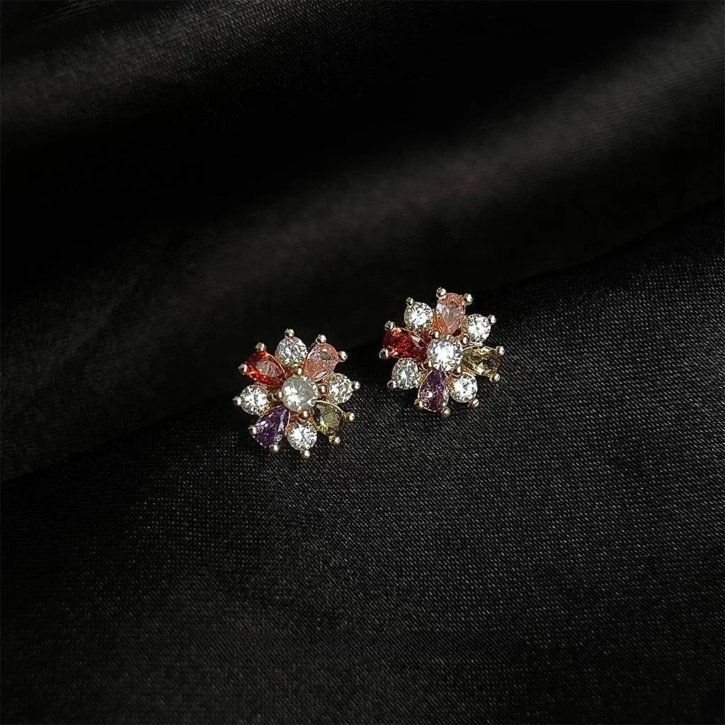 14K Gold Plated Copper Zircon Snowflake Stud Earrings Minimalist Colorful Flower Jewelry