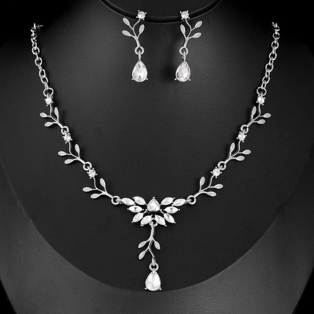 Elegant Silver Alloy Leaf Vine Teardrop Crystal Earrings And Necklace Jewelry Set For Bridal Wedding Party