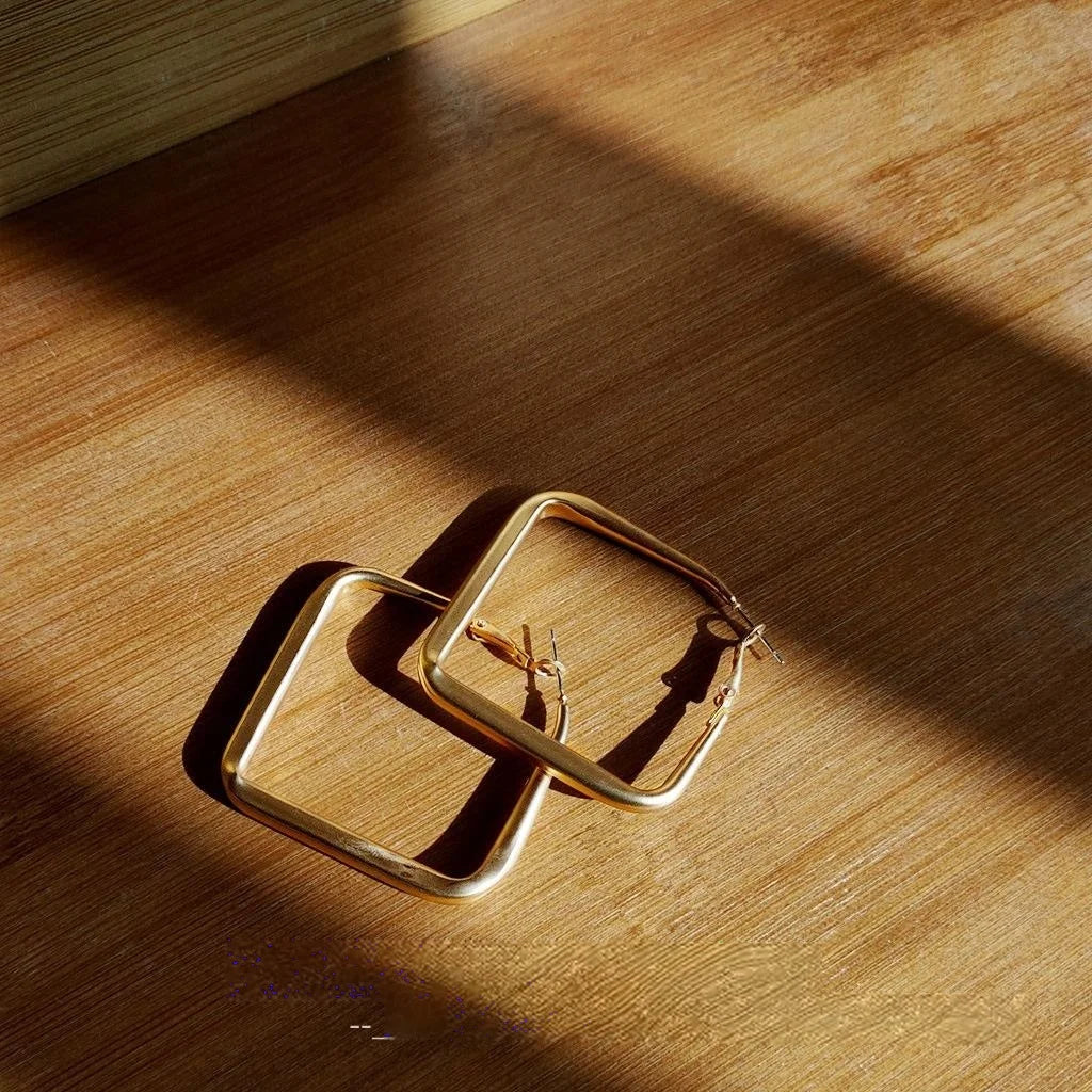 Matte Gold Plated Geometric Square Metal Hoop Earrings For Women Fashion OL Statement Jewelry