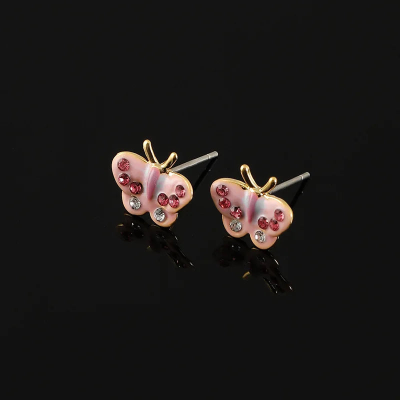 Sweet Pink Enamel Butterfly Rhinestone Spiral Disc Stud & Clip On No Piercing Earrings