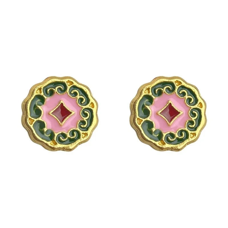 Vintage Copper Enamel Stud Earrings With Painted Geometric Floral Auspicious Cloud Design