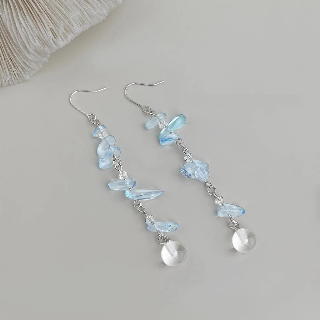 Copper Glass Crystal Aquamarine Tassel Drop Earrings Geometric Fresh Vacation Style