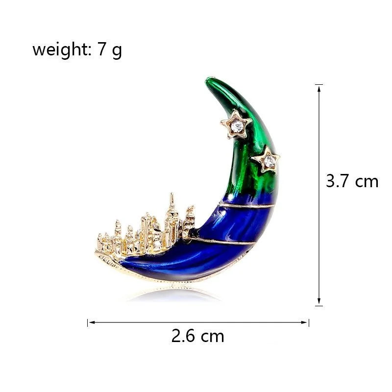 Elegant Enamel Crescent Moon Castle Brooch With Rhinestone Stars, Women's Lapel Pin Corsage Gift