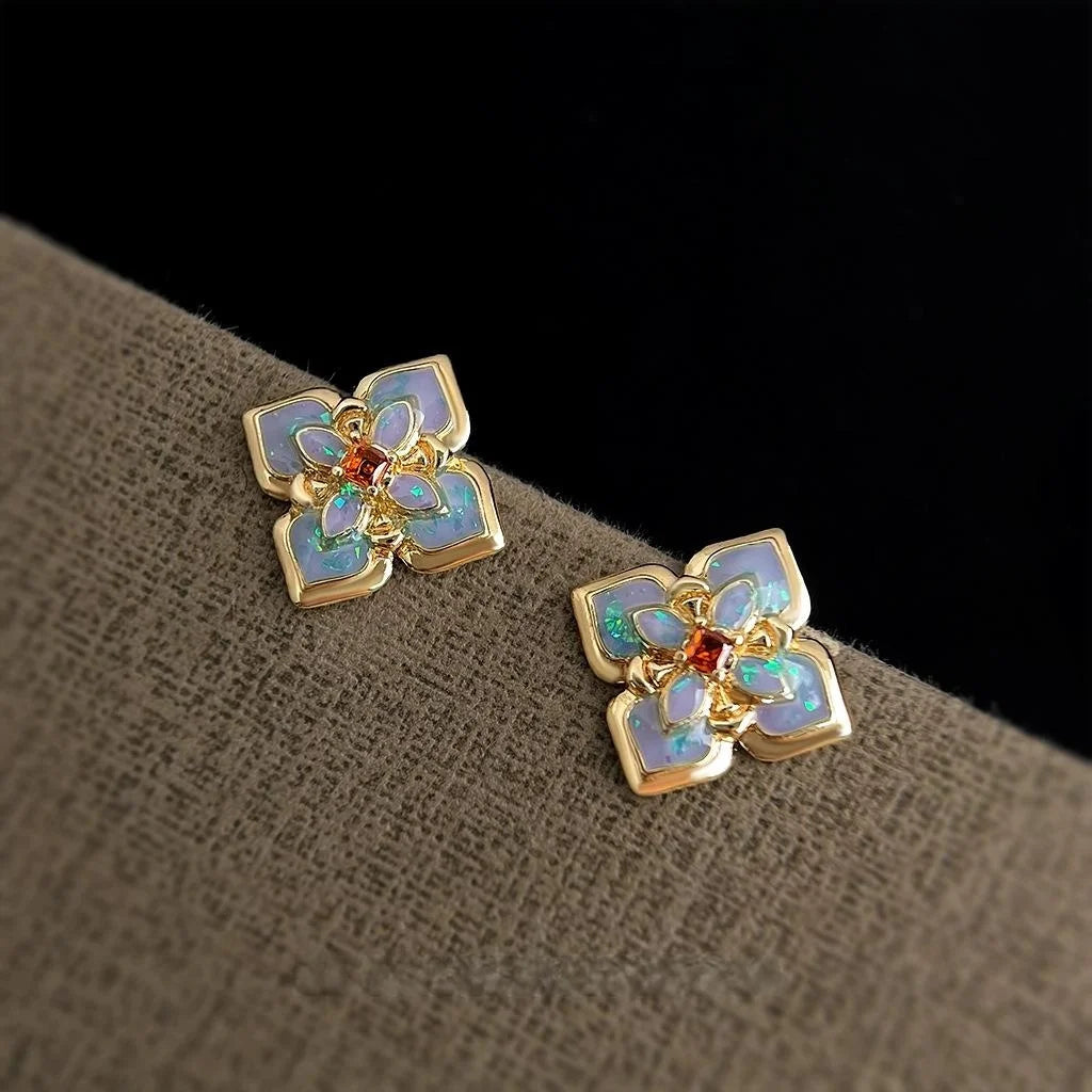 Light Luxury Enamel Drip Glaze Floral Geometric Copper Stud Earrings