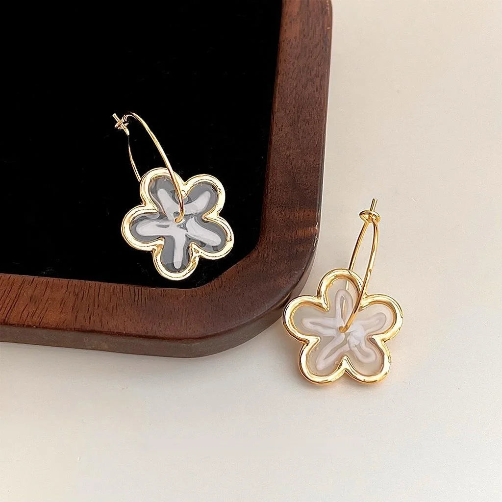Sweet Floral Copper Hoop Earrings For Women, Elegant Geometric Round Statement Jewelry