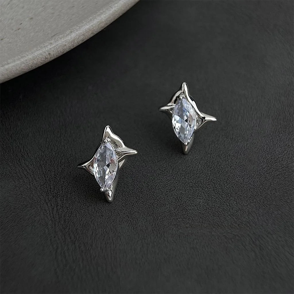 Sweet Cool Copper Micro Pave Zircon Starburst Rhombus Stud Earrings Minimalist Metallic Style