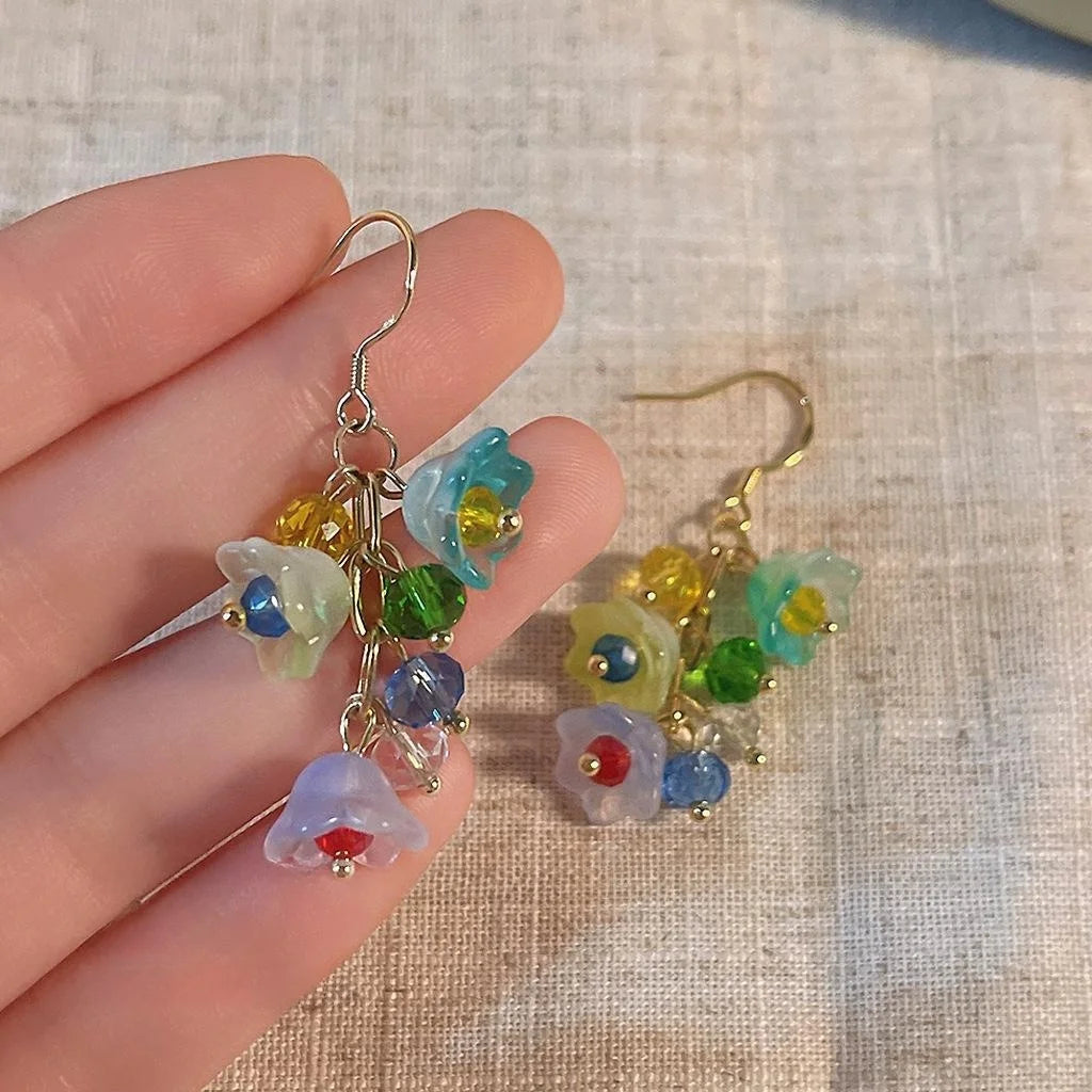 Handmade Silver Plated Glass Lily Of The Valley Tassel Drop Earrings, Pastoral Floral Style