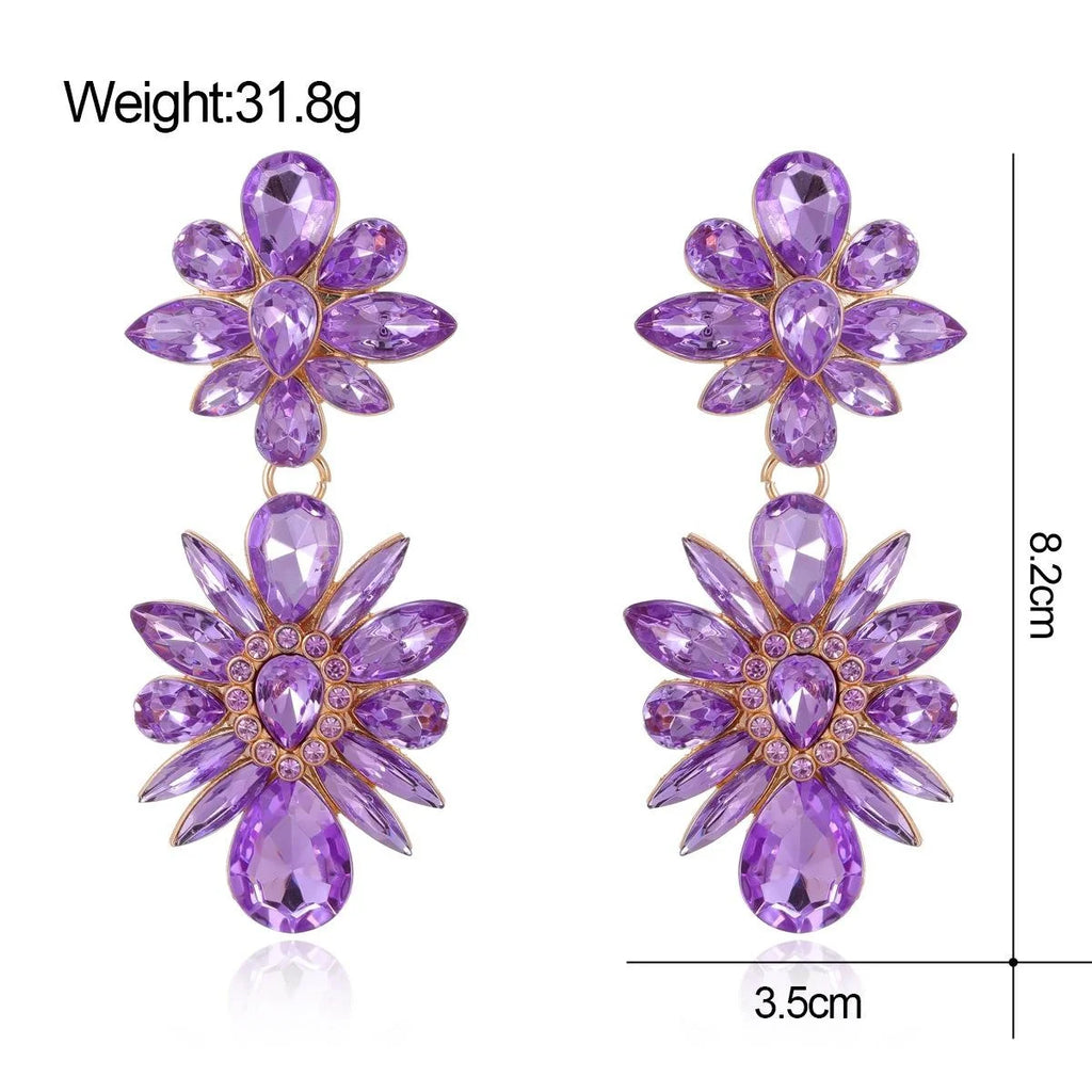 Luxury Purple Rhinestone Crystal Flower Alloy Drop Earrings For Women Wedding Party Banquet Jewelry Gift