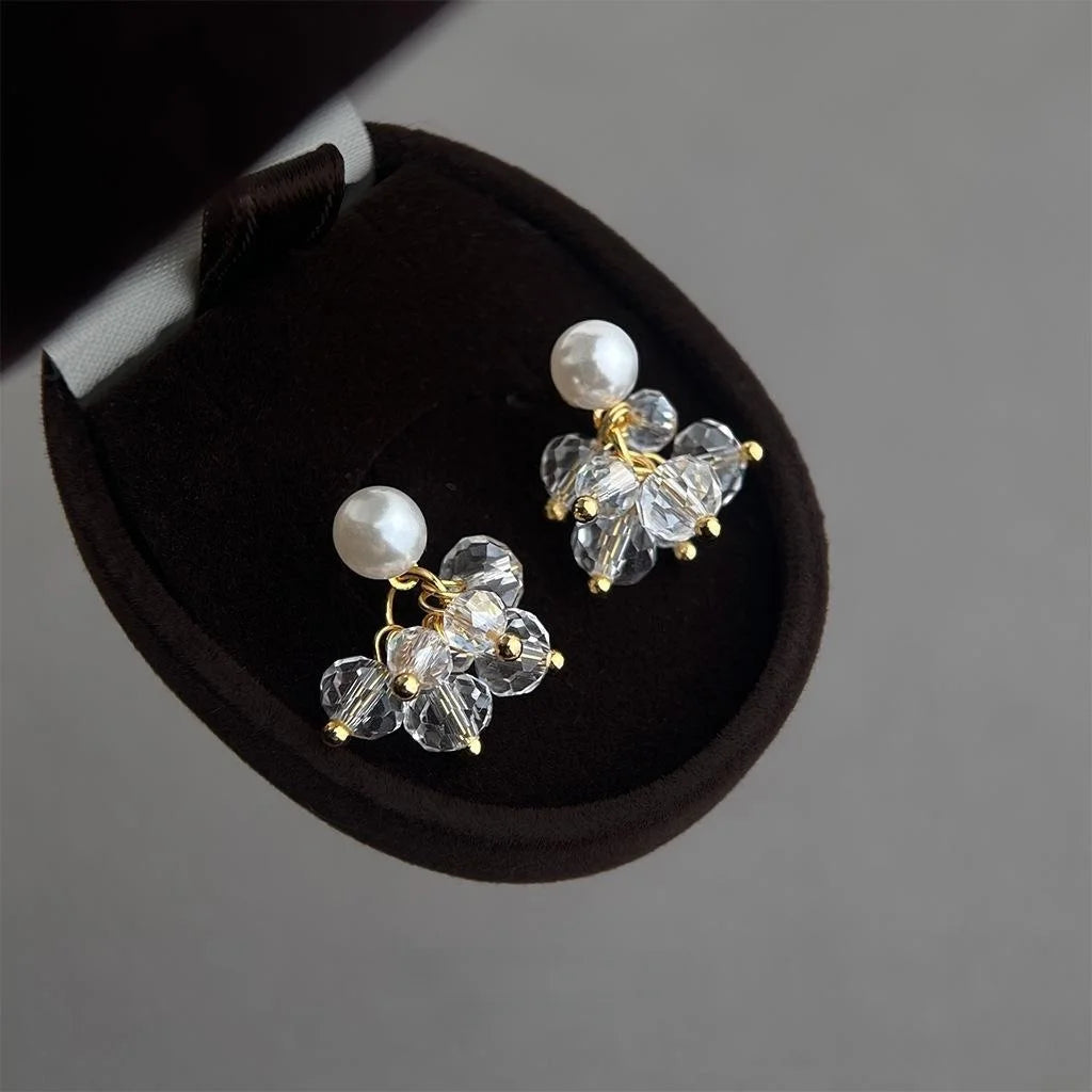 Handmade Crushed Ice Glass Crystal Pearl Tassel Drop Earrings Minimalist Geometric Jewelry