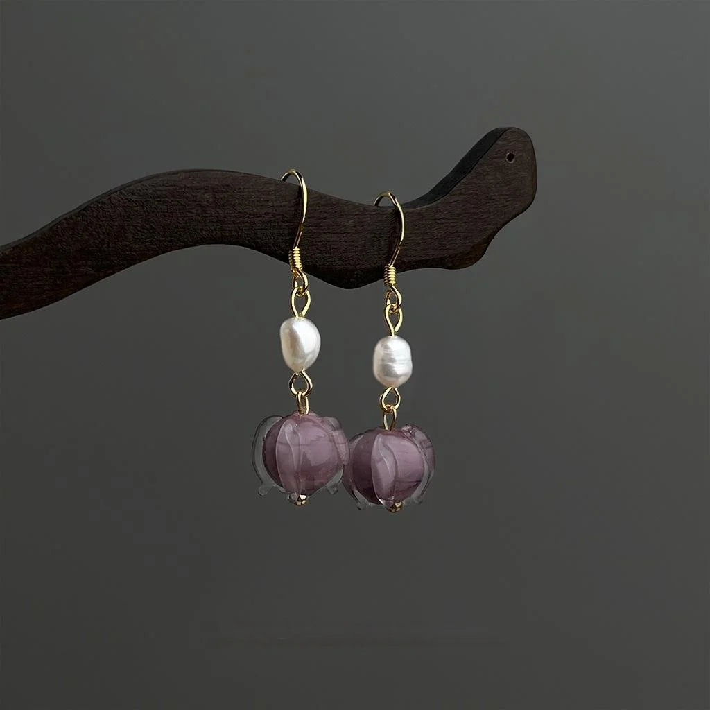 Vintage Chinese Style Freshwater Pearl Glazed Glass Lotus Flower Tassel Drop Earrings