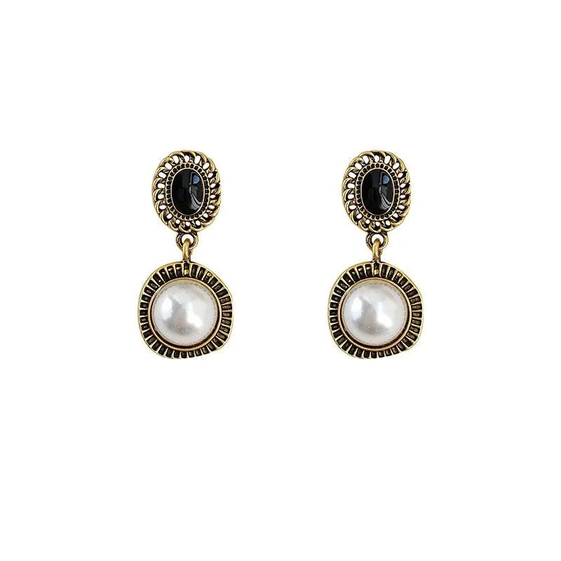 Aged French Vintage Pearl Stud Earrings Copper Geometric Hong Kong Style Fashion Jewelry