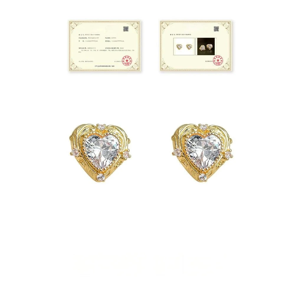 14K Plated Copper Heart Zircon Lace Edge Stud Earrings Elegant Office Jewelry