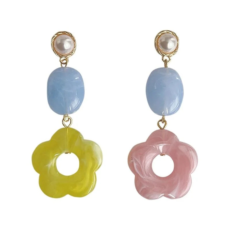 Sweet Handmade Resin Pearl Flower Drop Earrings Asymmetric Blue Pink Contrast Color Summer Jewelry