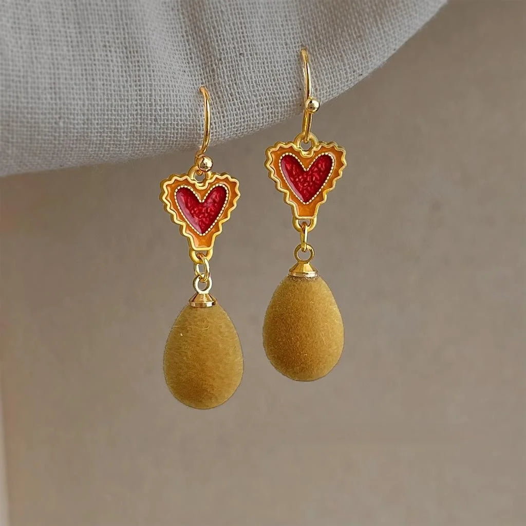 Vintage Maillard Style Copper Enamel Flocked Heart Oval Drop Earrings For Women