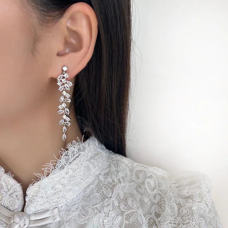Luxury Zircon Spiral Marquise Leaf Tassel Stud & Clip On No Piercing Long Bridal Drop Earrings