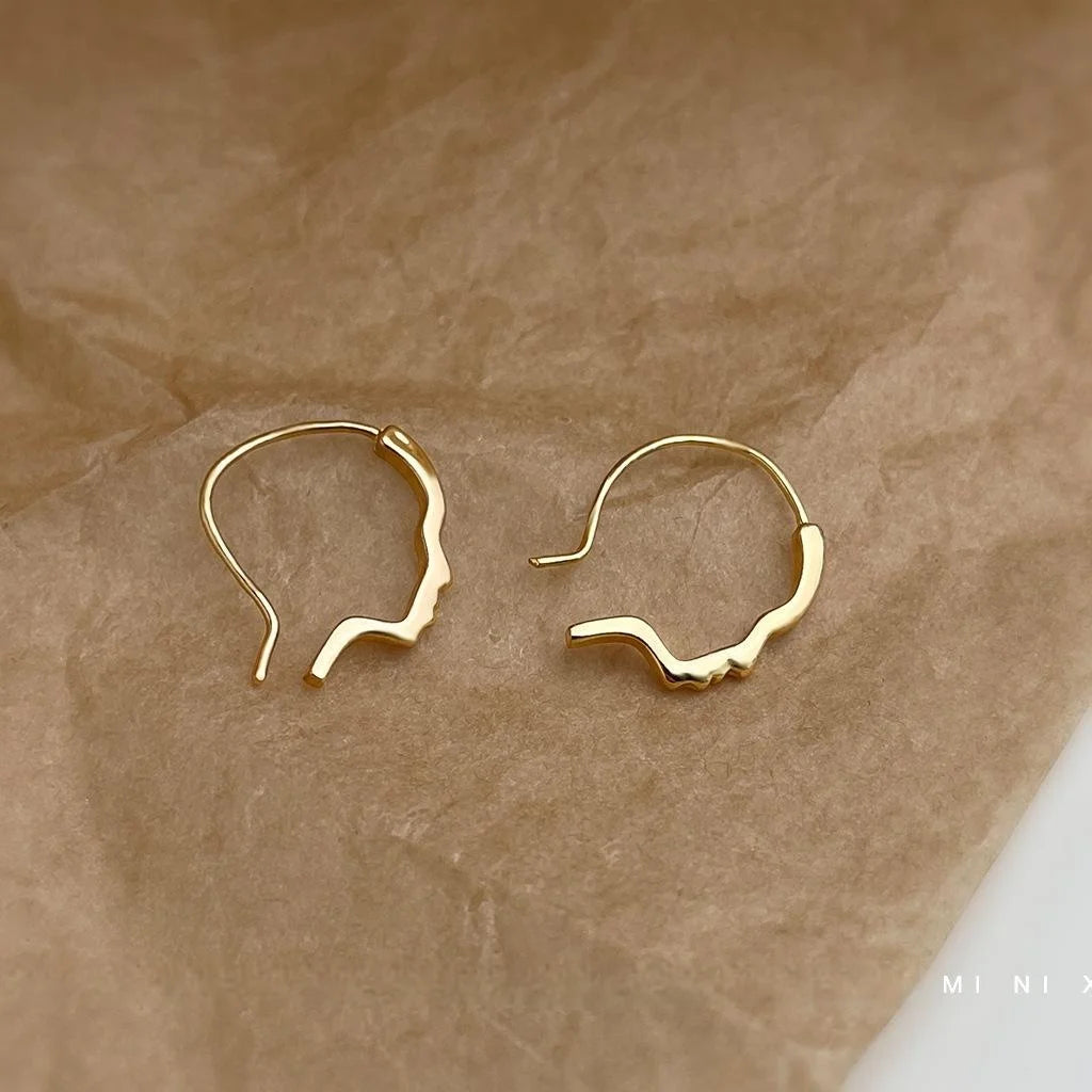 14K Gold Plated Copper Abstract Face Line Drop Earrings Korean Minimalist Geometric Jewelry
