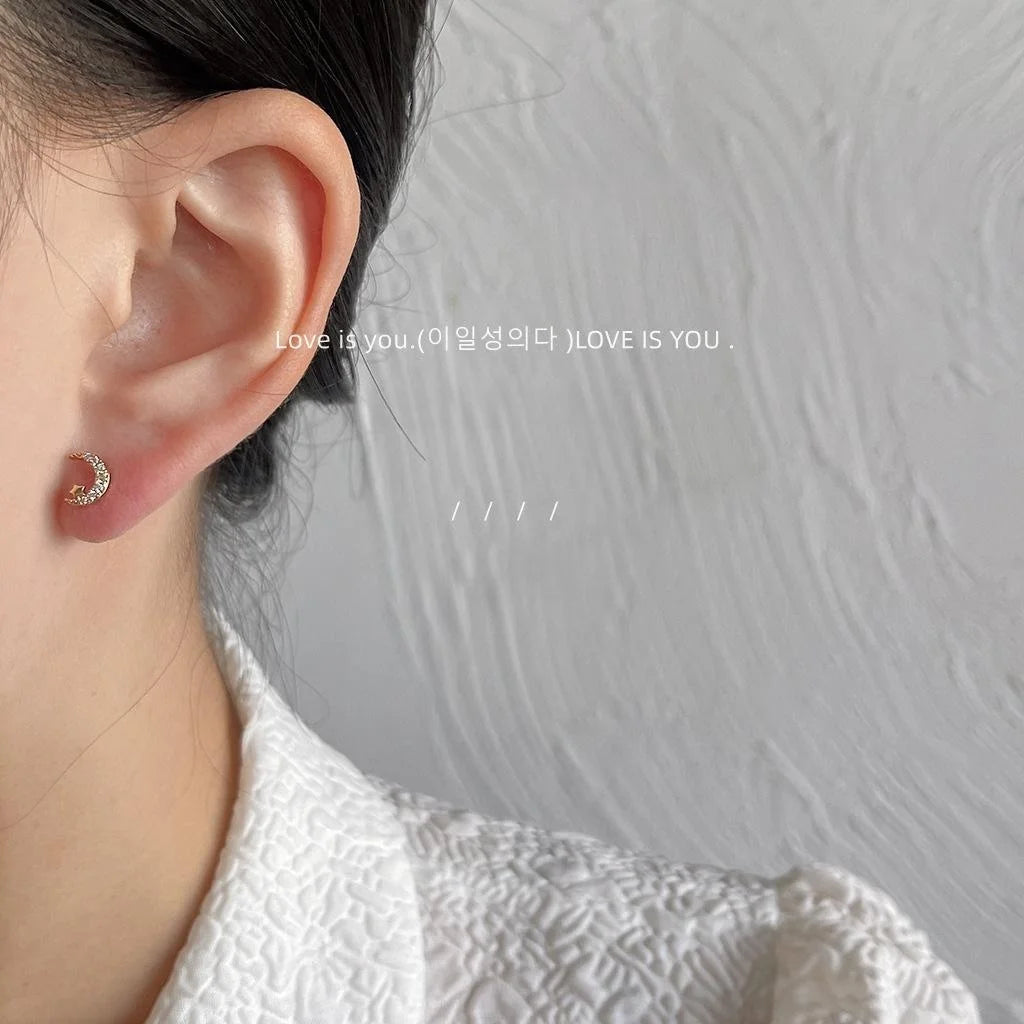Micro Pave Zircon Star Moon Stud Earrings For Women, Simple Asymmetric Copper Mini Ear Jewelry