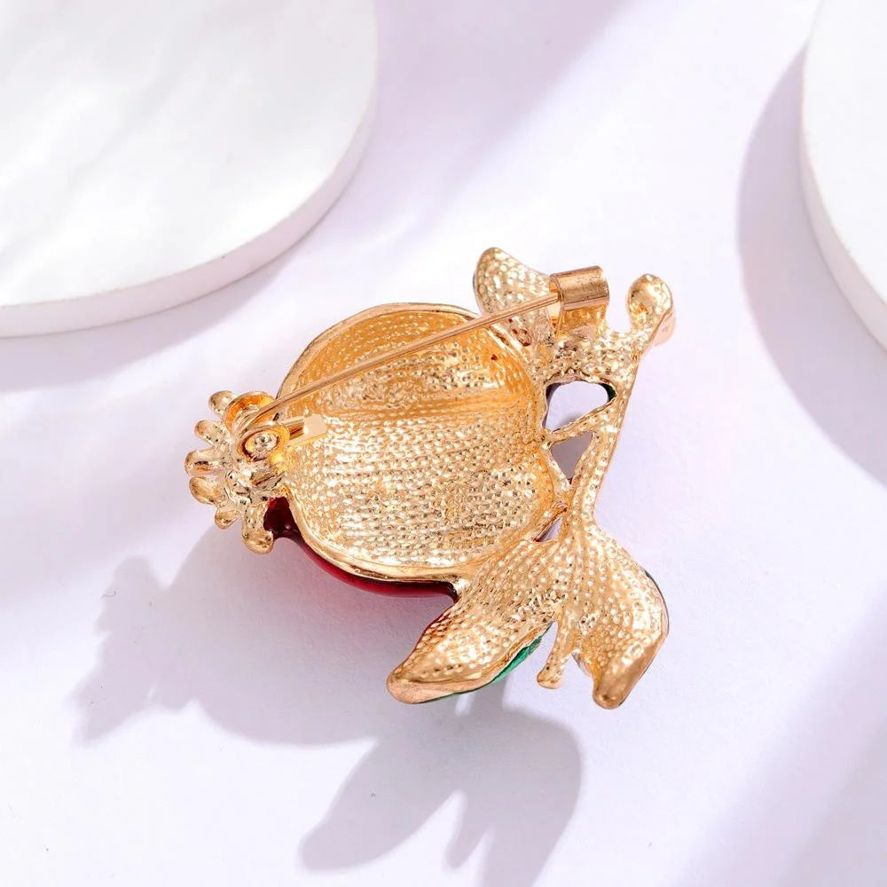 Elegant Enamel Alloy Pomegranate Brooch With Green Leaves, Fruit Lapel Pin Corsage Suit Sweater Accessory Gift