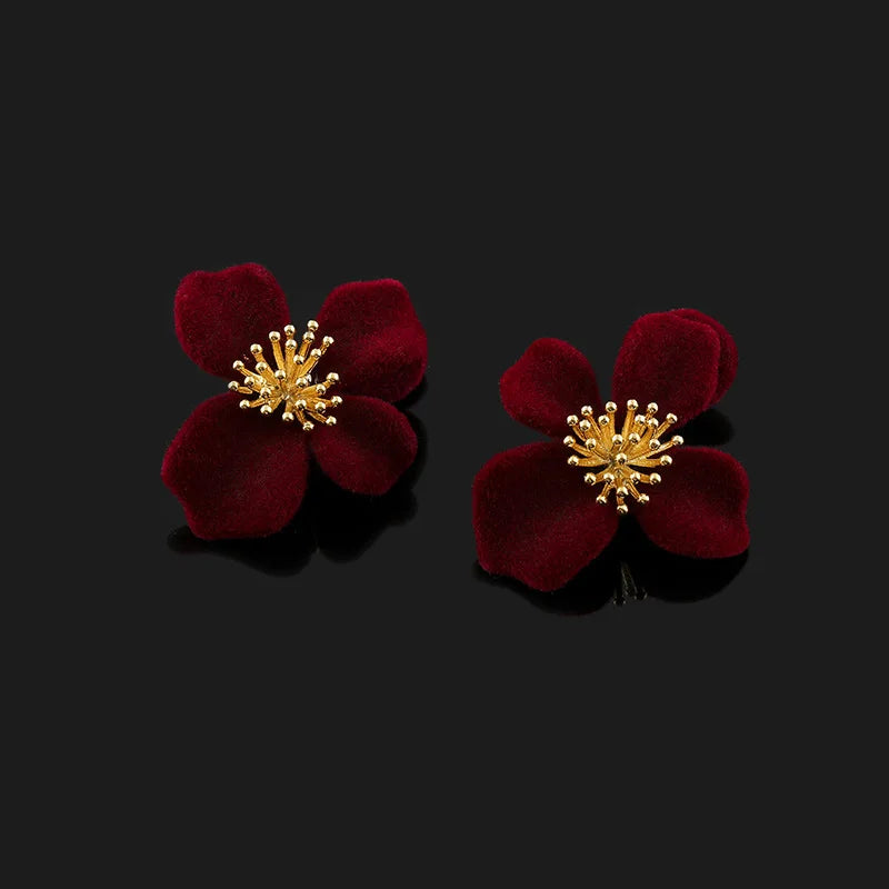 Elegant Red Velvet Flower Alloy Stud & Clip On No Piercing Sweet Floral Winter Women's Earrings