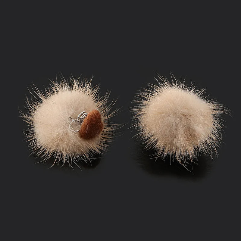 Elegant Soft Plush Heart And Mink Fur Ball Stud & Clip On No Piercing Winter Dangle Earrings