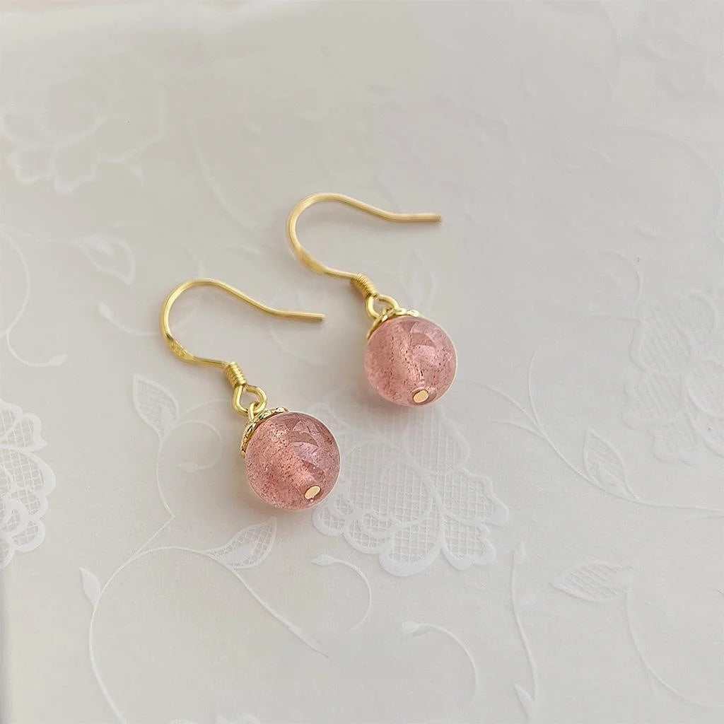 Handmade Copper Strawberry Quartz Tassel Drop Earrings, Sweet Geometric New Chinese Style