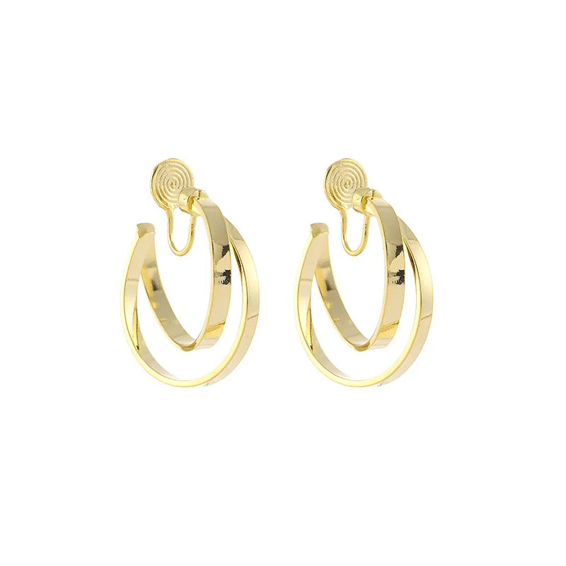 Elegant Gold Alloy Spiral Disc Hoop Stud & Clip On No Piercing Minimalist Round Statement Earrings