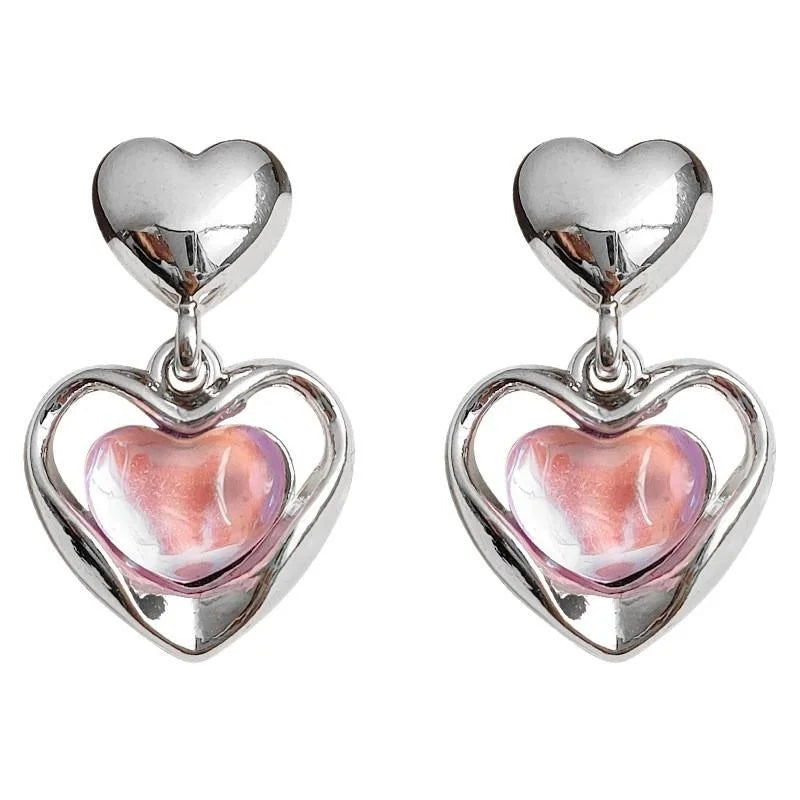 Sweet Cool Iridescent Heart Copper Drop Earrings For Women Niche Designer Jewelry