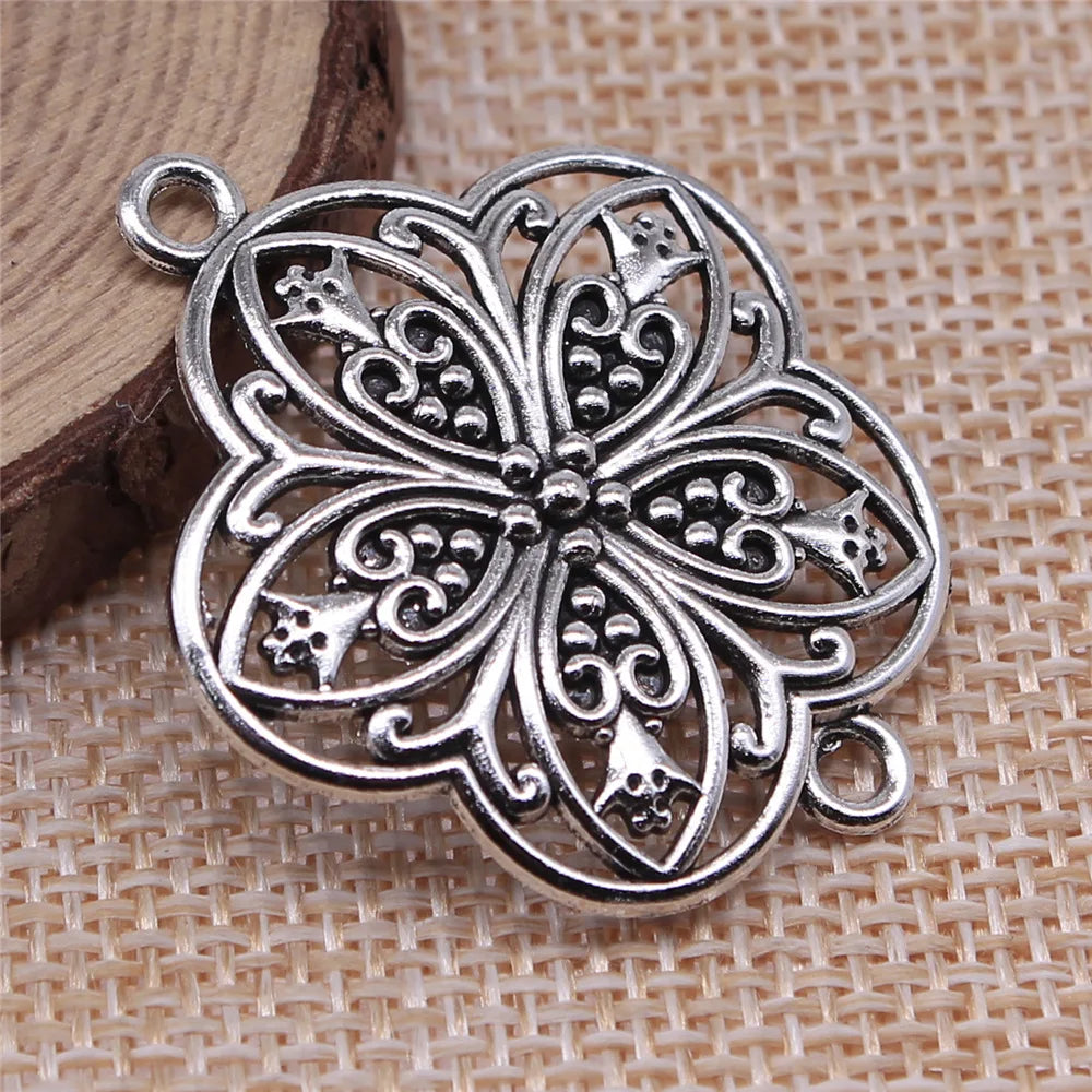 37x31mm 3.4g Antique Silver Zinc Alloy Hollow Flower Connector Charm for DIY Necklace Making