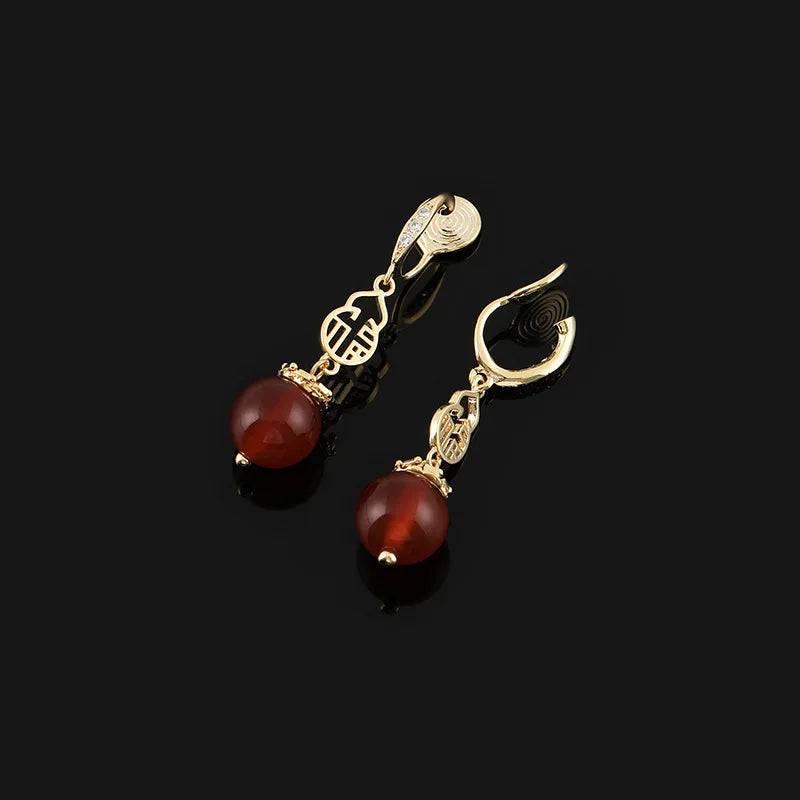 Elegant Chinese Fortune Red Agate Alloy Rhinestone Dangle Stud & Clip On No Piercing Earrings