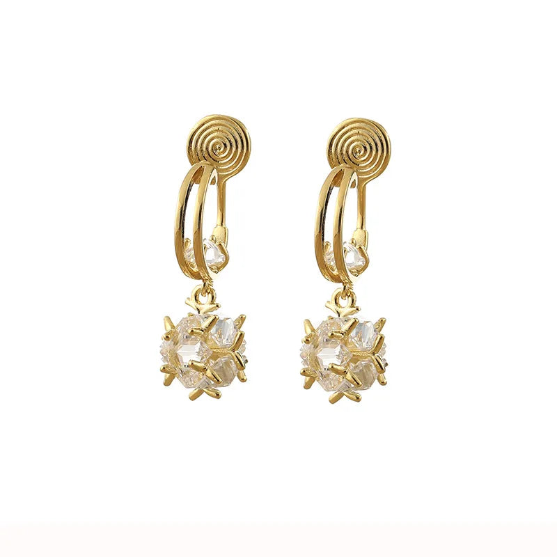 Luxury Spiral Disc Zircon Drop Stud & Clip On No Piercing Gold Alloy Sparkling Ball Dangle Earrings