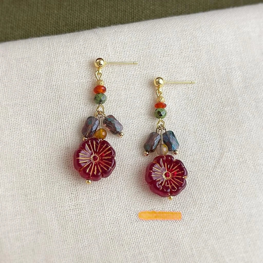 Vintage Ethnic Czech Glass Flower Petal Tassel Drop Earrings Handmade Floral Jewelry