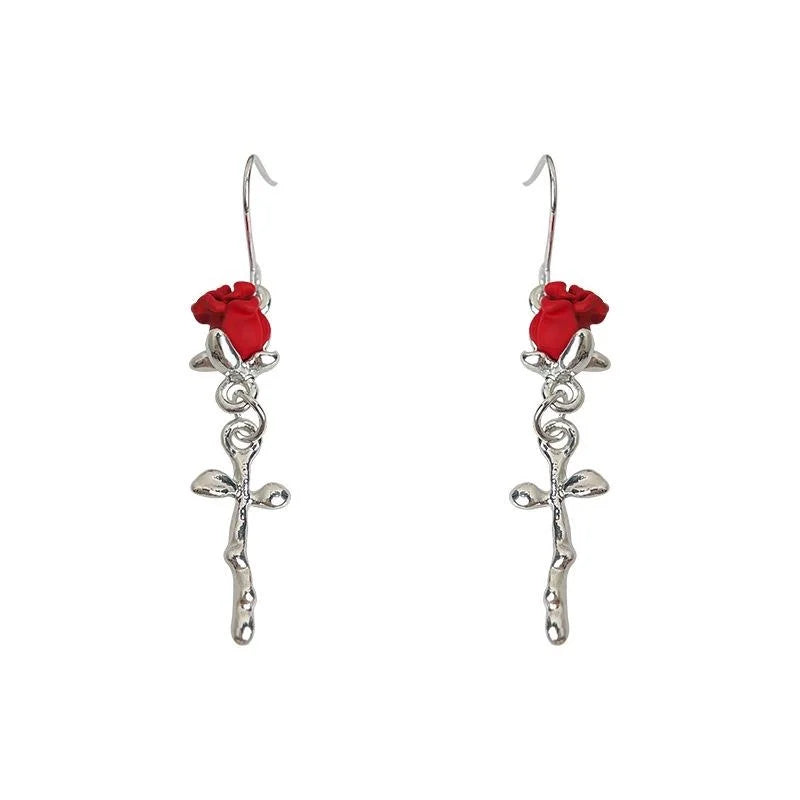 Copper Red Rose Flower Drop Earrings, Minimalist Sweet Cool Style