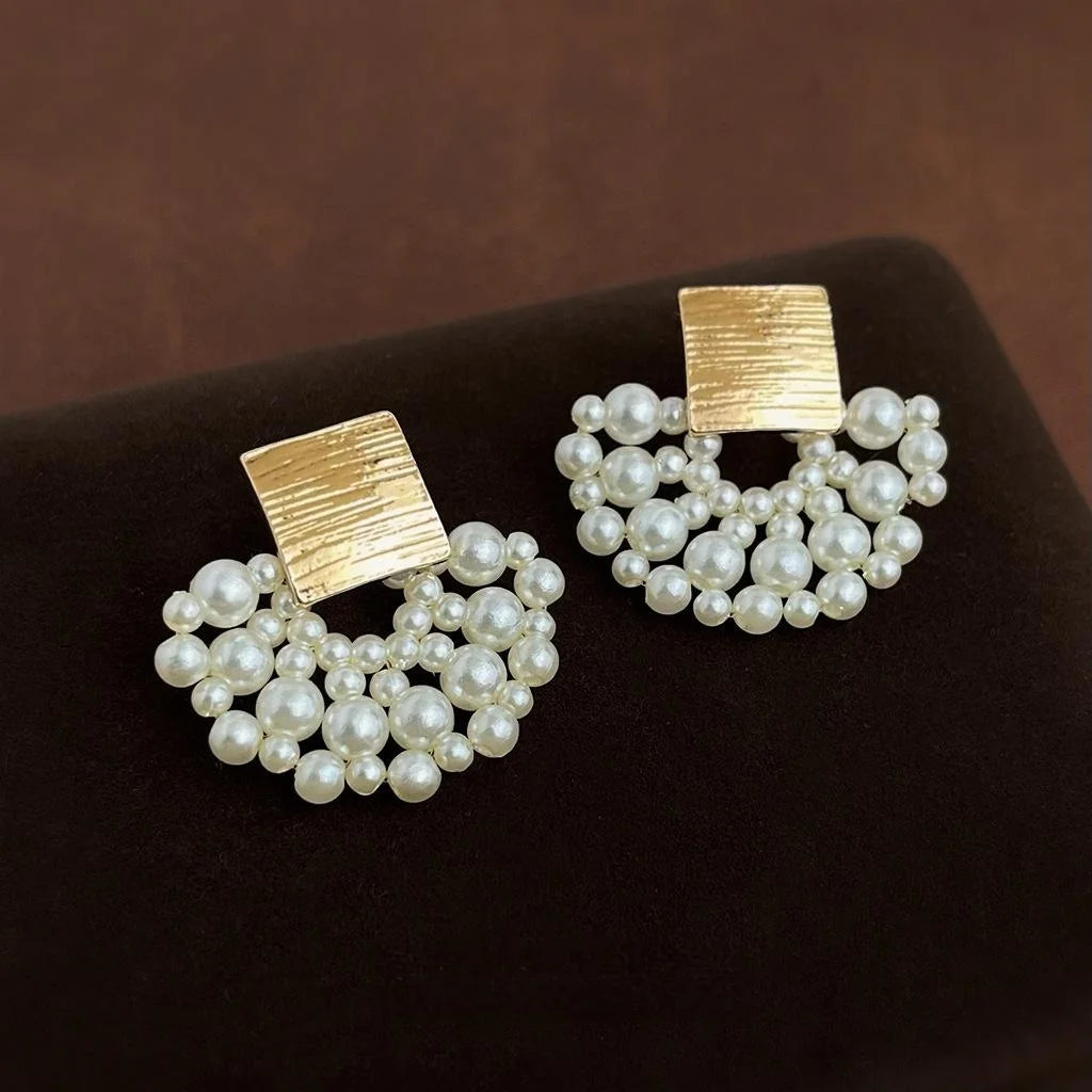 High Gloss Pearl Handmade Woven Flower Drop Earrings, Sweet Elegant Skirt Lace Design