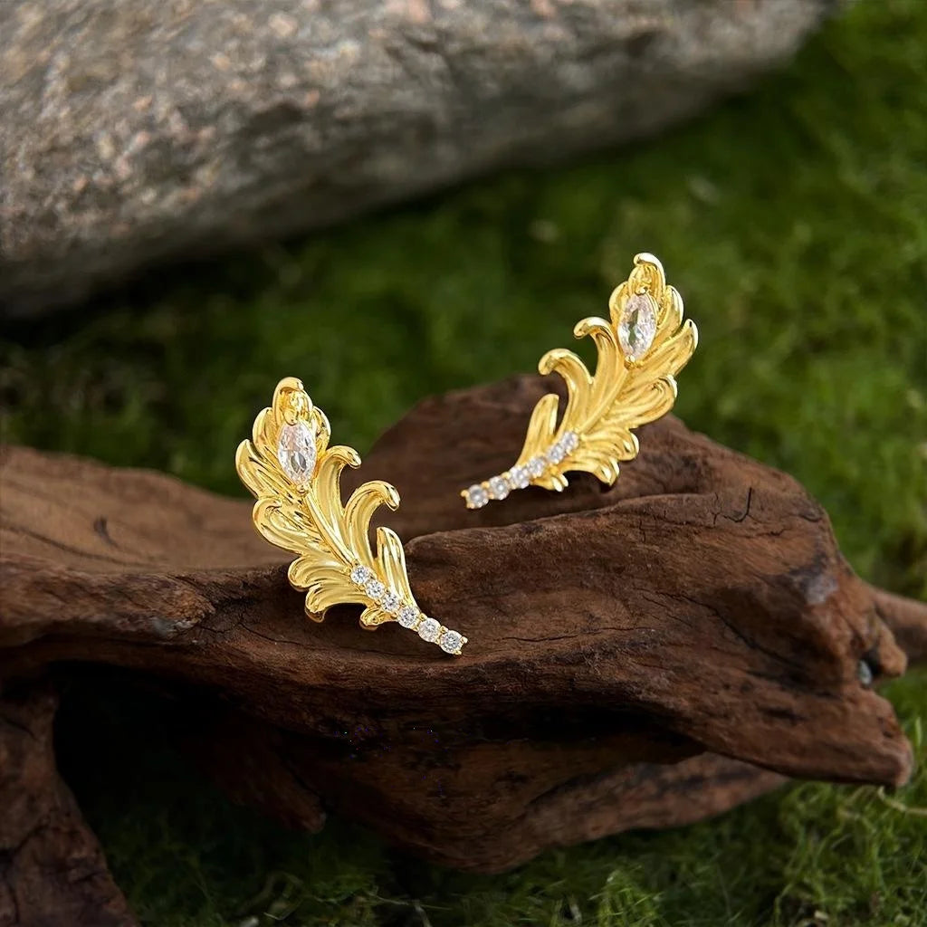 Niche Designer Micro Pave Zircon Feather Quill Copper Stud Earrings For Women