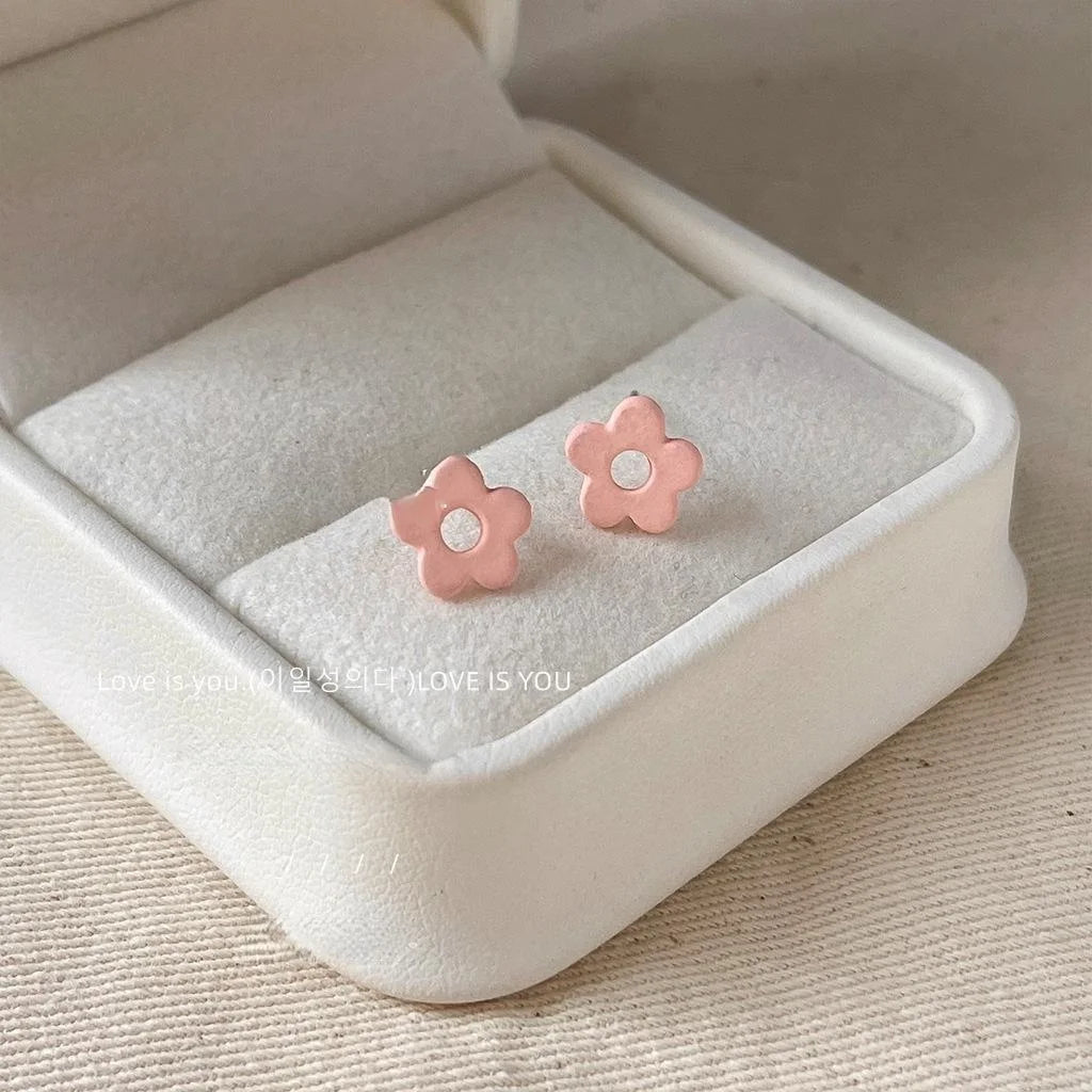 Korean Japanese Style Alloy Pink Enamel Hollow Flower Mini Stud Earrings
