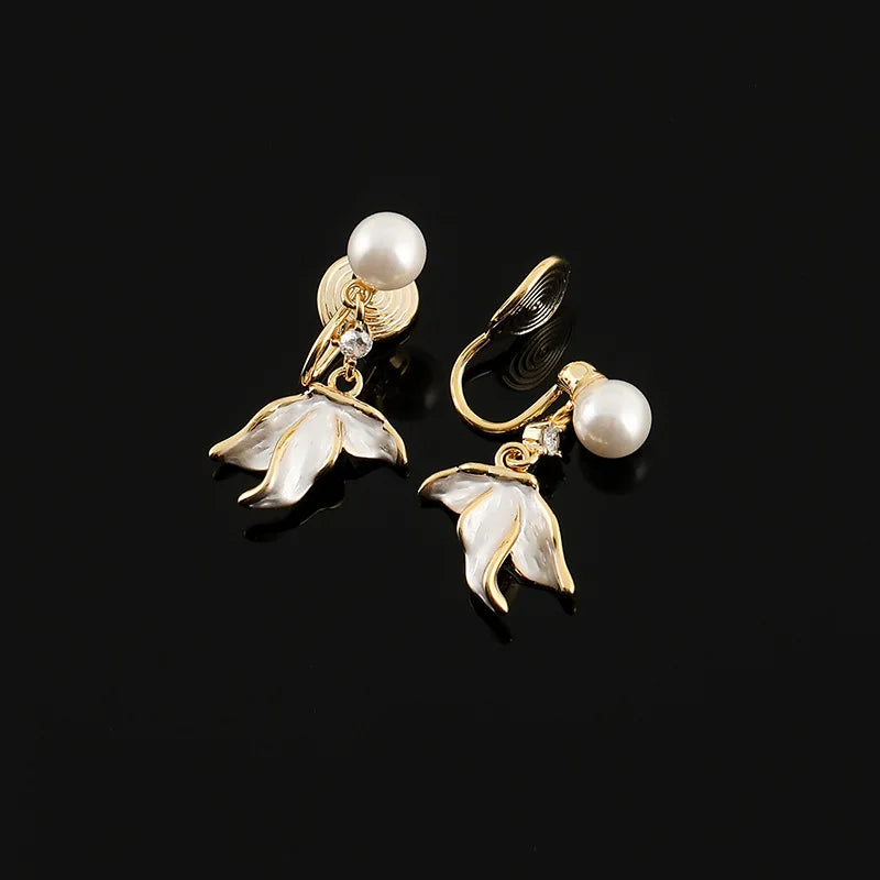Elegant Pearl Fish Tail Tassel Alloy Enamel Zircon Stud & Clip On No Piercing Drop Earrings