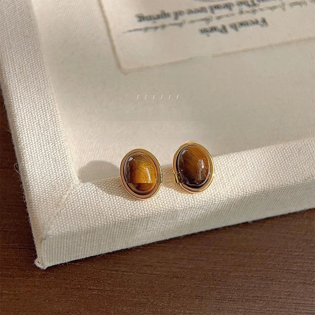 Vintage Artsy 14K Gold Plated Copper Tiger Eye Oval Mini Stud Earrings
