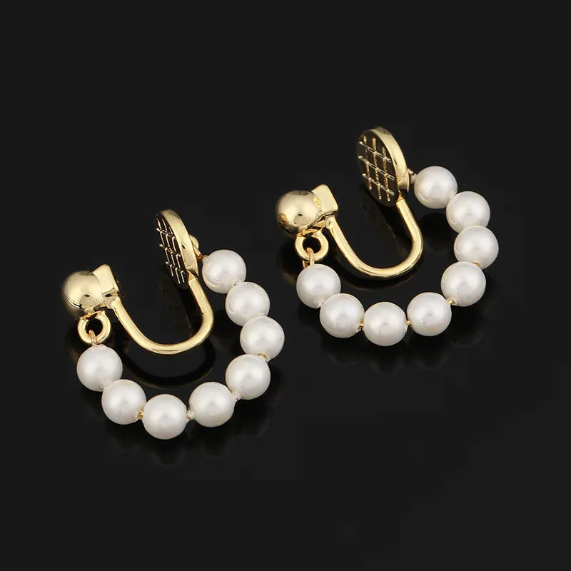 Elegant Shell Pearl Hoop Drop Stud & Clip On No Piercing Gold Alloy French Luxury Earrings