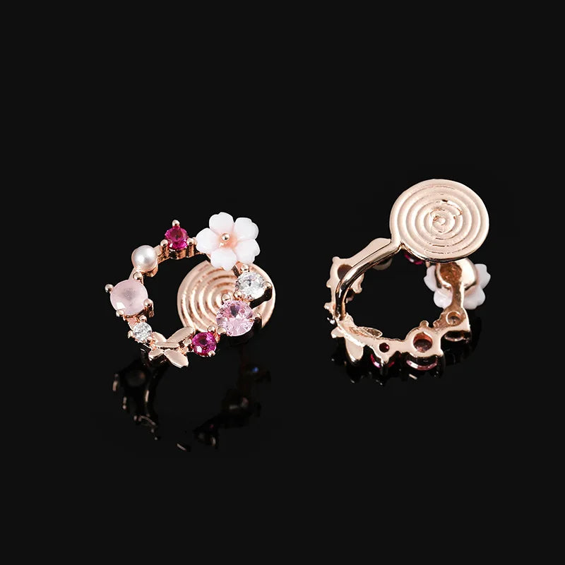 Elegant Floral Wreath Rhinestone Crystal Bow Stud & Clip On No Piercing Korean Style Earrings
