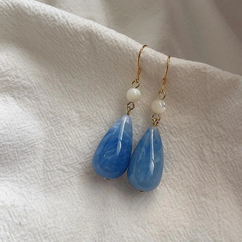 Original Design Haze Blue Handmade Gradient Teardrop Copper Drop Earrings, New Chinese French Vintage Style
