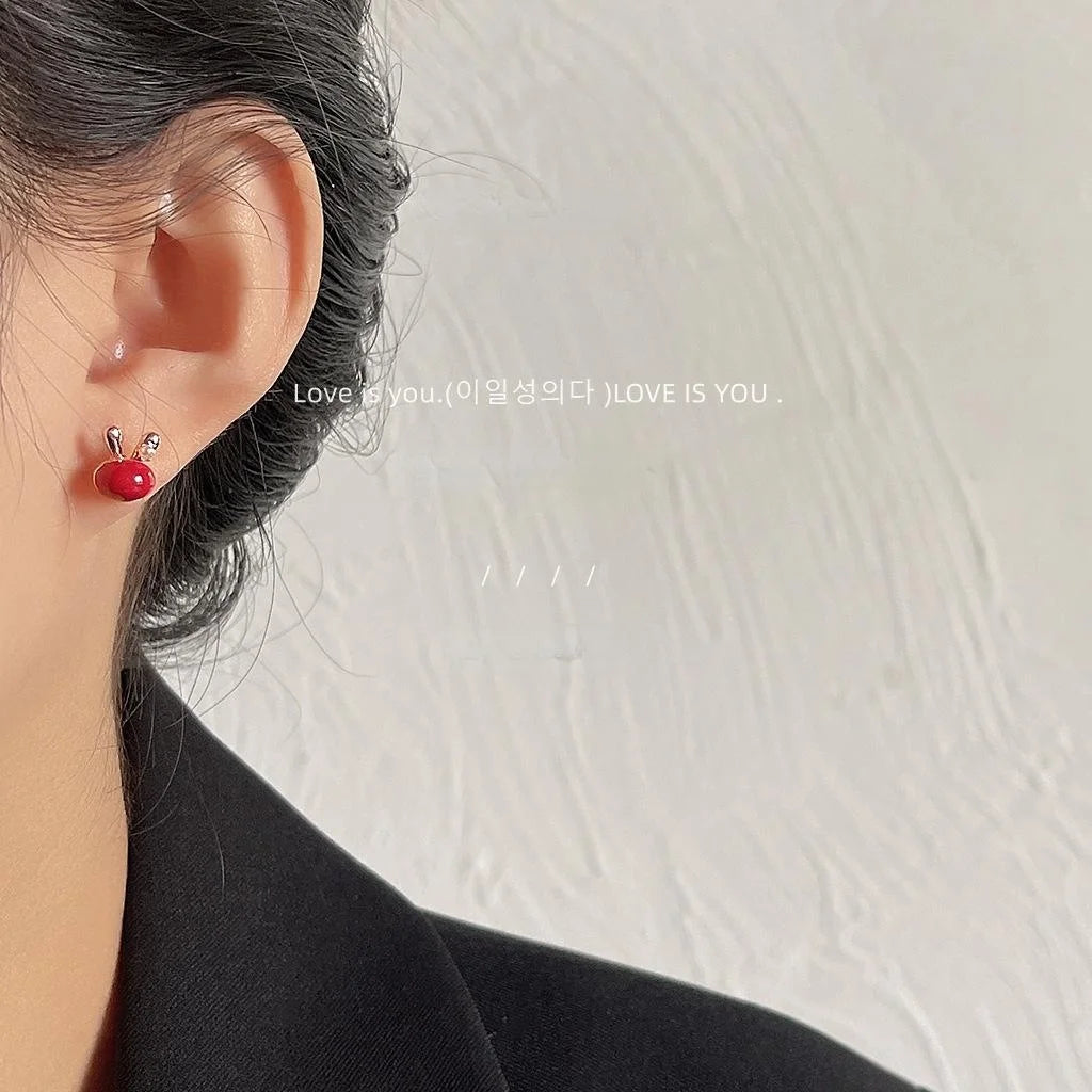 Sweet Red Rabbit Copper Stud Earrings Cute Animal Design Minimalist Everyday Jewelry