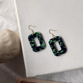 Hong Kong Style Vintage Green Acrylic Geometric Square Drop Earrings Irregular Marbled Design