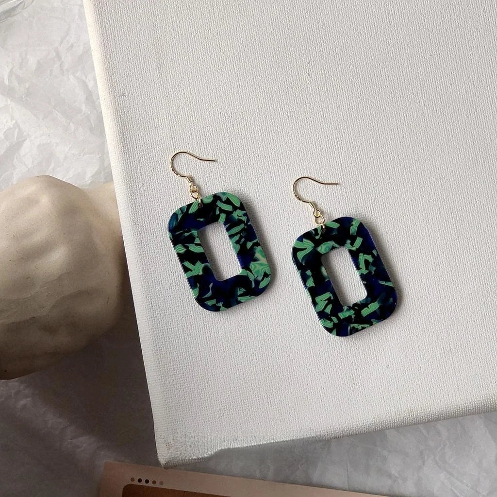 Hong Kong Style Vintage Green Acrylic Geometric Square Drop Earrings Irregular Marbled Design