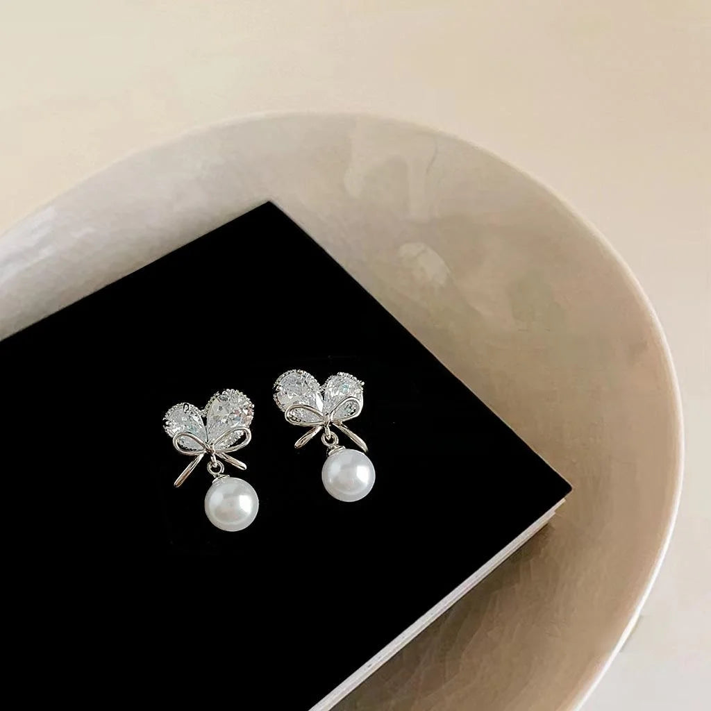 Silver Plated Copper Zircon Heart Bow Pearl Stud Earrings For Women Elegant Jewelry
