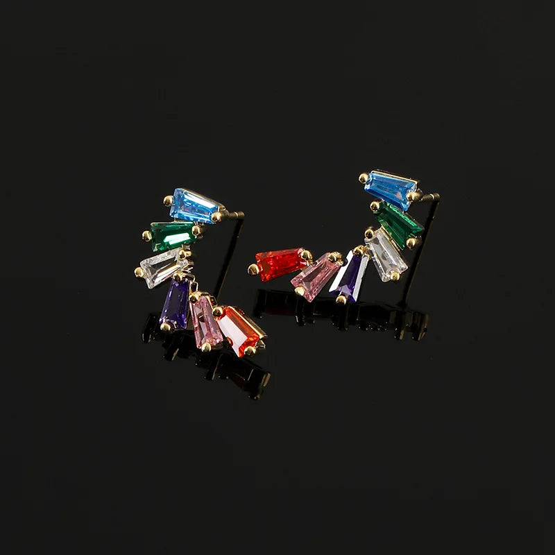 Elegant Geometric Rainbow Baguette Zircon Ear Crawler Stud & Clip On No Piercing Colorful Alloy Earrings
