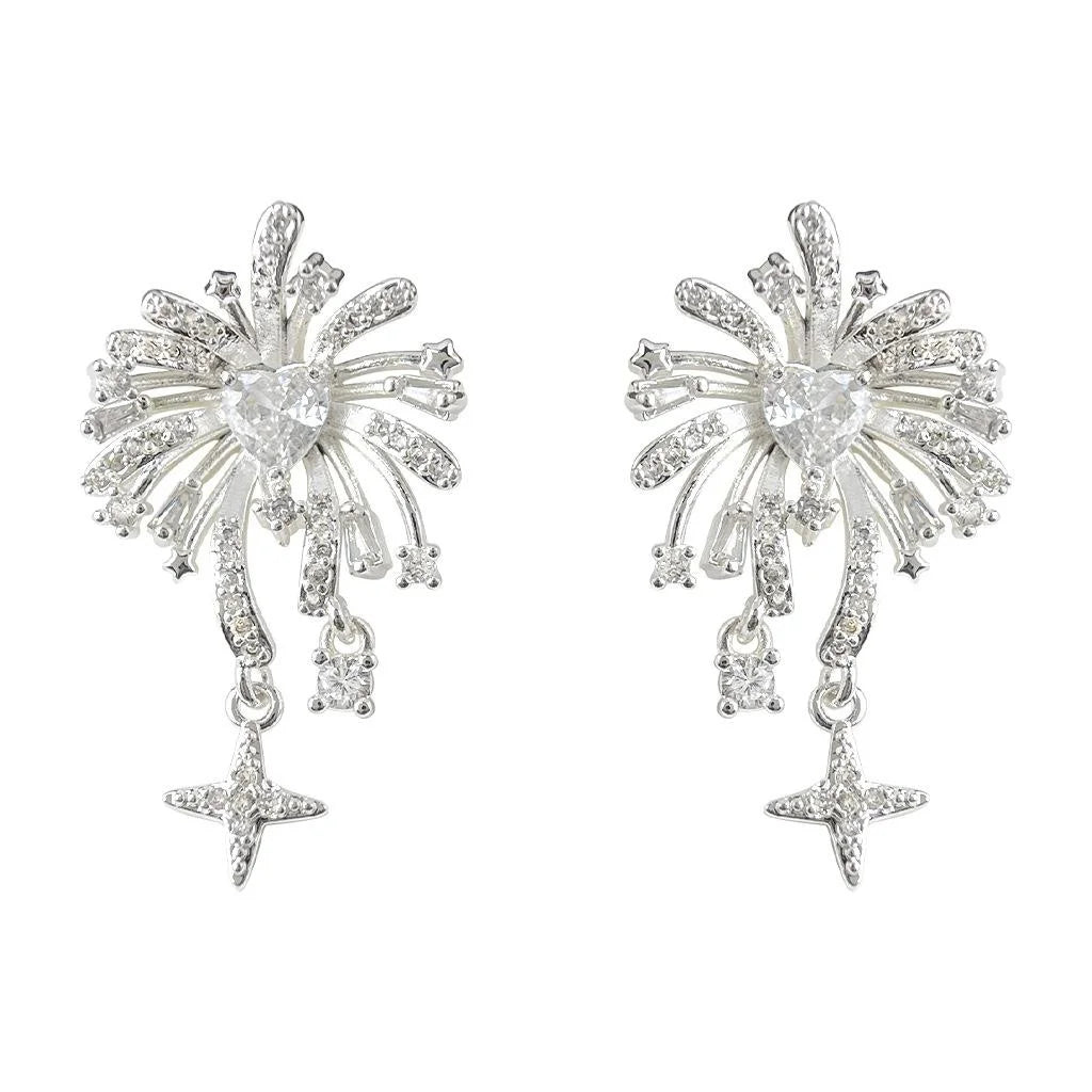Designer Firework Starburst Tassel Drop Earrings, Copper Zircon Floral Geometric