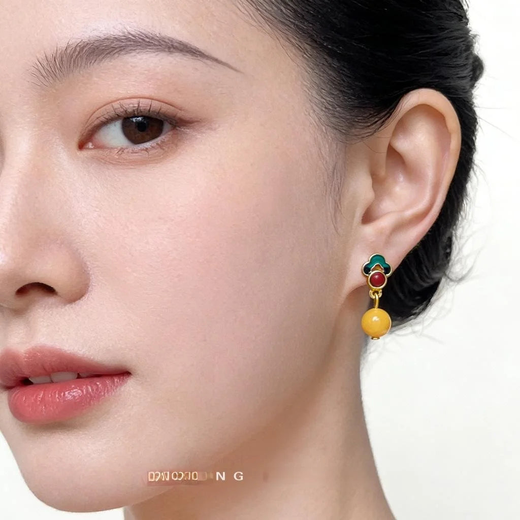 Vintage Palace Style Hand Painted Enamel Synthetic Amber Resin Cloud Drop Earrings