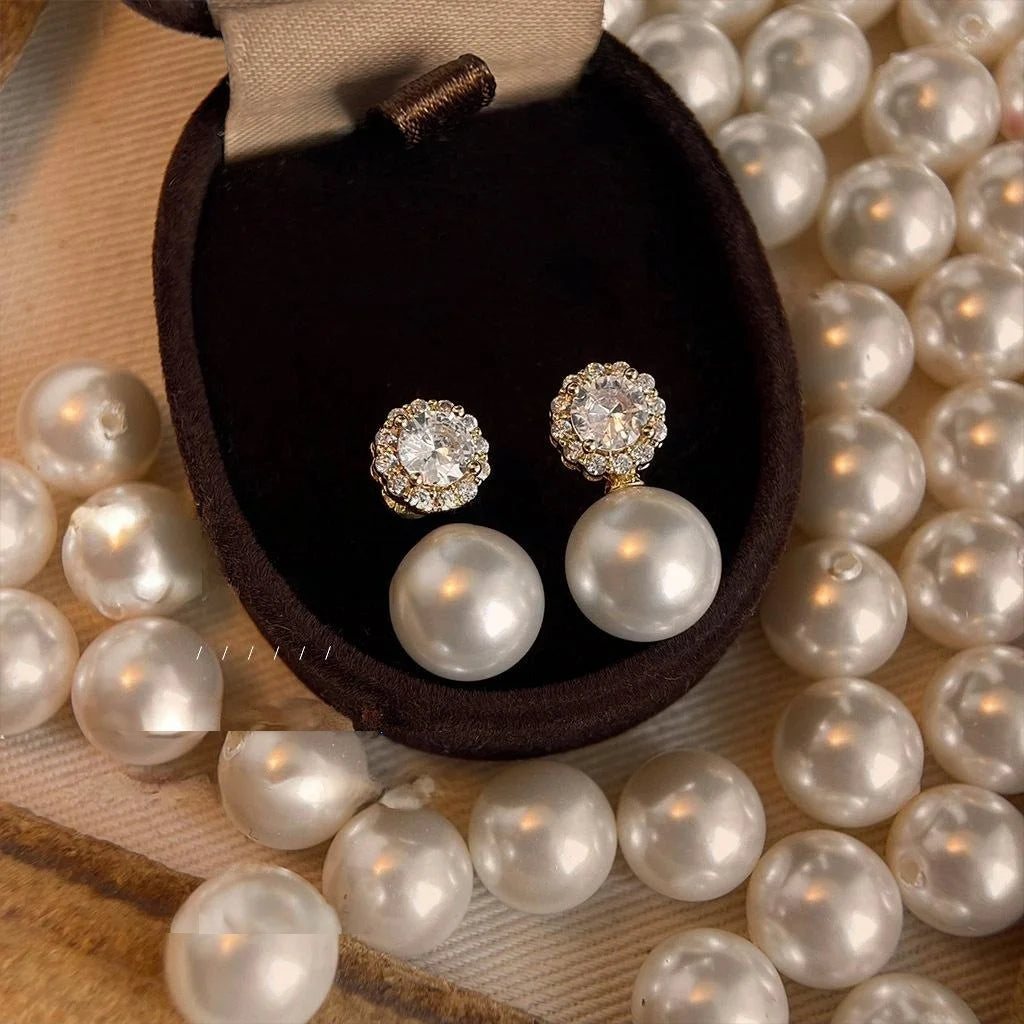 Light Luxury Copper Glass Pearl Micro Pave Zircon Geometric Round Drop Earrings For Women